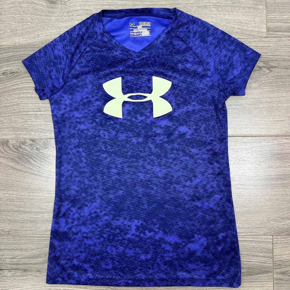 Under Armour Kids Purple Blue HeatGear Space Dye Logo V-Neck Athletic Shirt M
